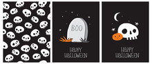 Cute Hand Drawn Halloween Cards And Pattern. Little White Skull, Moon, Stars And Sweet Little Pumpkin On A Black Background. Happy Halloween. White Funny Skulls Print. Gravestone With Boo Inscription.