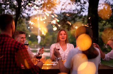 happy friends having french dinner party outdoor