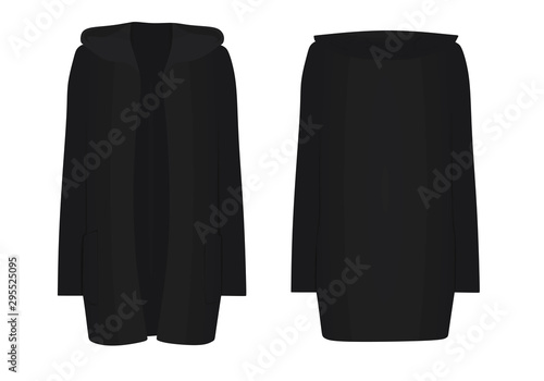 Cuadros en Lienzo Women black hooded cardigan. front open. vector illustration