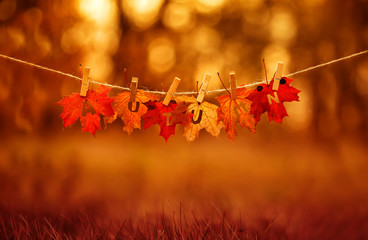 banner with letters and the name autumn carved on red maple leaves hanging on clothespins and rope in the autumn clear bright Park