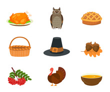 Thanksgiving Symbols Flat Vector Illustrations Set