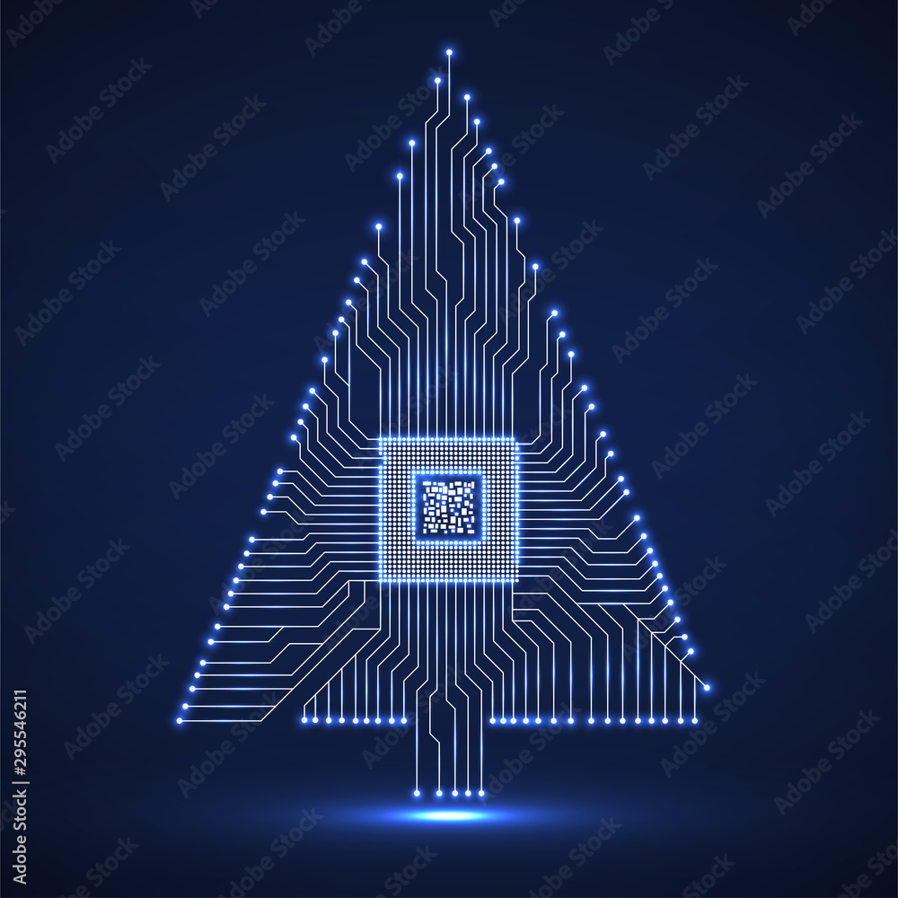 Abstract technology Christmas tree with microprocessor, glowing circuit board - obrazy, fototapety, plakaty 