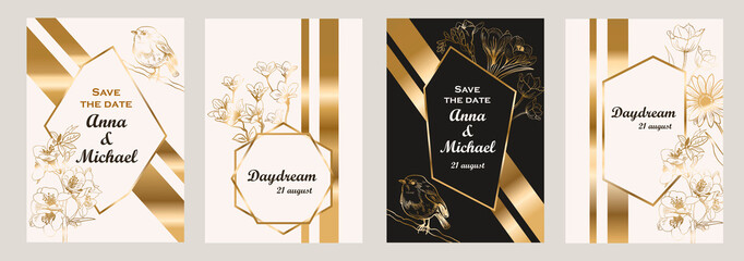 Set of wedding card templates. Golden flowers and ribbons.Romantic design. Vector illustration.