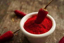 Close Up Still Life Of Red Chilli Powder, Selective Focus
