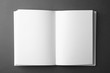 © New Africa - Open book with blank pages on dark grey background, top view. Mock up for design