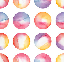 Colorful Watercolour Circle Seamless Pattern With Pink, Yellow, Orange, Purple, Blue Gradient. Hand Drawn Water Color Illustration On White. For Design, Fabric, Card, Wallpaper, Wrapping Paper, Print.