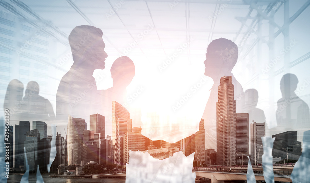 Double exposure image of many business people conference group meeting ...