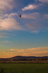 Wall Mural - Rainbow hot-air balloon floats over field at sunrise, portrait