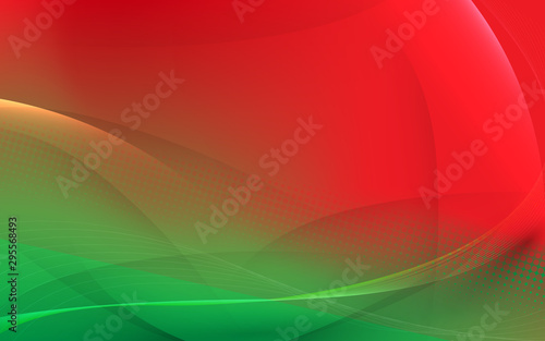 Abstract light lines on red and green background. Curved wavy stripe line and...