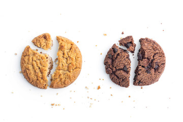 Wall Mural - homemade chocolate chips cookies and butter cookie on white background in top view