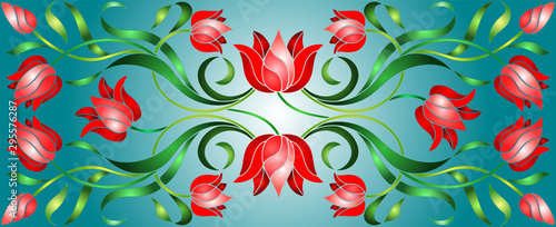 Dekoracja na wymiar  ilustracja-w-stylu-witrazu-z-kwiatami-liscmi-i-pakami-czerwonych-tulipanow-na-niebiesko