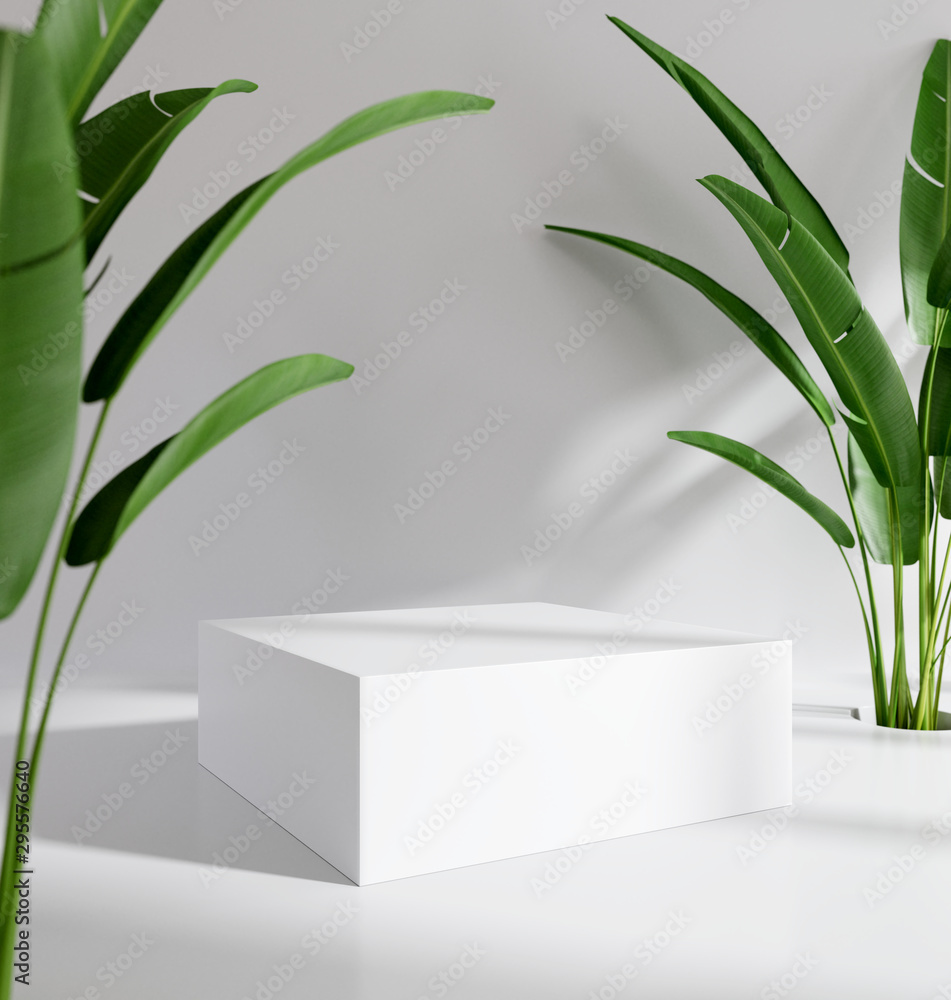 Blank product stand with tropical plants. 3d rendering - obrazy, fototapety, plakaty 