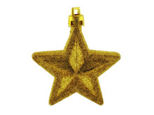 Christmas Toy Gold Color In The Form Of A Star. Toy For Decorating A Festive Christmas Tree. White Background.