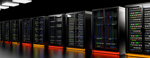 Server room data center. Backup, mining, hosting, mainframe, farm and computer rack with storage information. 3d render