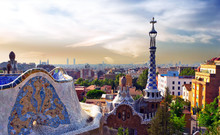 Antoni Gaudi Mosaic Tiles Park Guell In Barcelona, Spain.