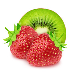 Wall Mural - Composite image with halved kiwi and strawberry isolated on a white background.