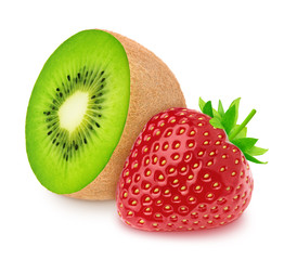 Wall Mural - Composite image with halved kiwi and strawberry isolated on a white background.
