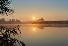 Sunrise Over A Quiet Misty Lake With Reeds