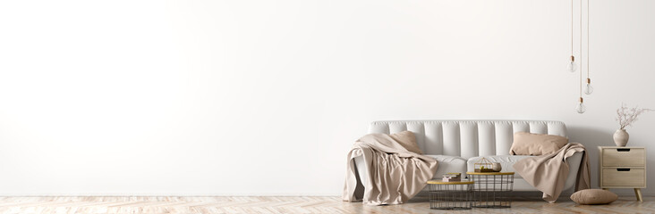 Interior of living room with grey sofa, beige plaids on it, coffee table and light bulbs, panorama 3d rendering