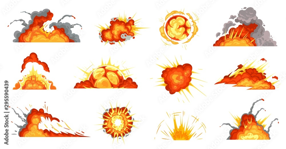 Cartoon explosions. Exploding bomb, fire cloud and explosion burst. Mobile game damage sign, comic bomb explode blast or dynamite storyboard. Isolated vector illustration icons set - obrazy, fototapety, plakaty 