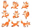 Cartoon fox in yoga poses. Healthy gymnastics, breathing exercises and sport animal mascot. Foxes fitness sport, animals gymnast character. Isolated vector illustration icons set