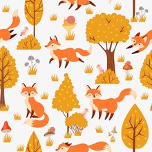 Seamless Forest Foxes Pattern. Cute Red Fox Among Yellow Trees, Wild Animal Nature. Foxy Woodland Wallpaper, Kawaii Fur Foxes Fabric Or Wrapping Cartoon Background Vector Illustration