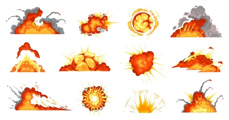 cartoon explosions. exploding bomb, fire cloud and explosion burst. mobile game damage sign, comic b