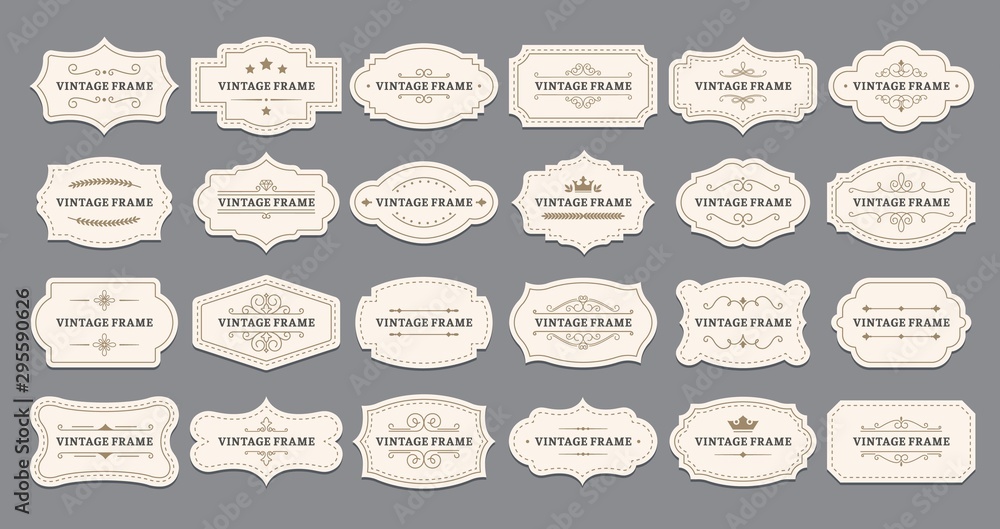 Ornamental label frames. Old ornate labels, decorative vintage frame and retro badge. Royal wedding insignia, sale sticker or invitation card. Isolated vector symbols set - obrazy, fototapety, plakaty 