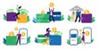 © Tartila - Money transfers. People sent money from wallet to bank card, mobile payments and financial transactions. Work transfer credit card process payment. Flat isolated vector illustration icons set