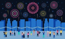 Crowd Watching Fireworks. Dark Night City With Firework Pyrotechnic Show, People Look In Sky And Celebrate Holidays. Town Firework Festival, Sky Explode Vector Illustration