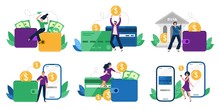 Money Transfers. People Sent Money From Wallet To Bank Card, Mobile Payments And Financial Transactions. Work Transfer Credit Card Process Payment. Flat Isolated Vector Illustration Icons Set