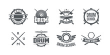 Vector Logo Of Drum School. Logotype, Symbol, Icon, Graphic, Vector. Rock Music. Drumkit Tools. Isolated On White Background.
