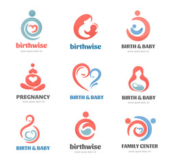 Birth, pregnancy, family and baby care logos and symbol collection. Vector design