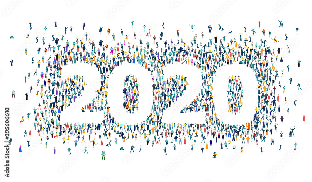 New Year 2020 concept illustration. 2020 made of many little people in business and casual clothes. Living, working and celebrating together.  - obrazy, fototapety, plakaty 