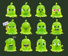 Comic Slimy Aliens. Funny Cartoon Green Slime Characters.