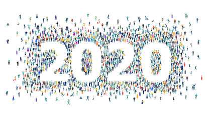 New Year 2020 concept illustration. 2020 made of many little people in business and casual clothes. Living, working and celebrating together. 