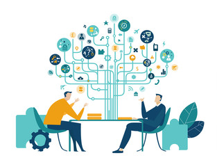 Two business people talking in the office, negotiating the contract or deal.  Business tree of success made of communication icons at the background 