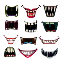 Creppy Fantasy Monsters Mouth Set. Vector Scary Jaws Collection.