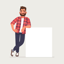 Bearded Man Is Leaning On A Blank Poster. A Place To Post Your Advertisement Or Other Information. Advertising