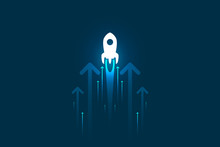 Up Rocket And Arrows On Blue Background Illustration, Copy Space Composition, Business Growth Concept.