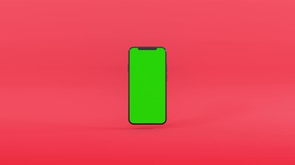 Wall Mural - 3d render of smartphone falling from up and rotating. green screen on new phone for commercial use. 