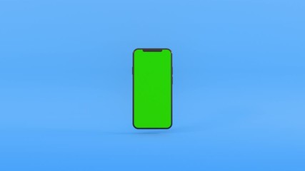 Wall Mural - 3d render of smartphone falling from up and rotating. green screen on new phone for commercial use. 