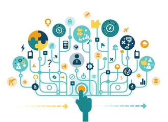 businessman pressing the start up button. new business. labyrinth made of communication icons. busin