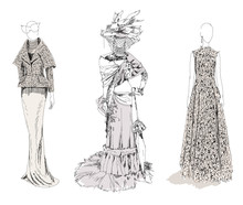 Collection Of Classic Vintage Woman's Dresses, High Fashion, Designer Style. Sketch Collection 