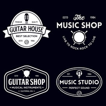 Set Of Vintage Logo, Badge, Emblem For Music Shop, Guitar Shop. Music Icons For Audio Store, Branding Or Poster.