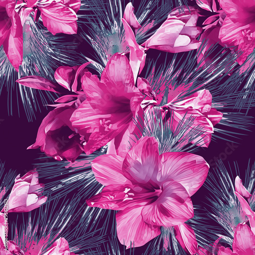 Amaryllis flower, seamless pattern. Watercolor illustration.