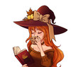 Young witch is drinking coffee and reading book. Hand drawn illustration for children games.
