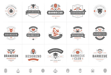 Wall Mural - Grill and barbecue logos set vector illustration steak house or restaurant menu badges with bbq food silhouettes