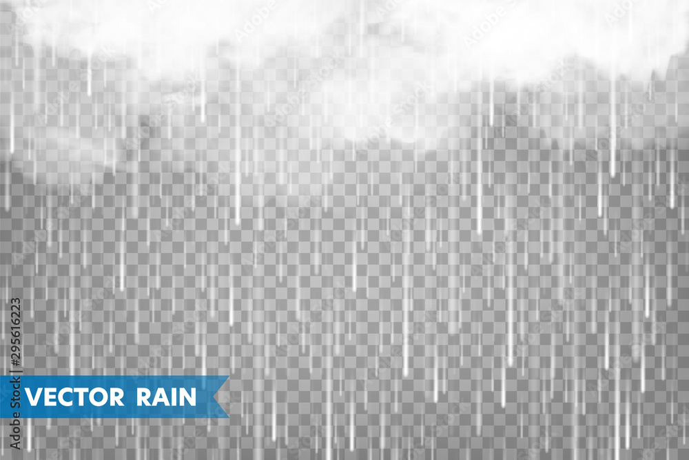 Realistic rain with clouds on transparent background. Rainfall, water drops effect. Autumn wet rainy day. Vector illustration. - obrazy, fototapety, plakaty 