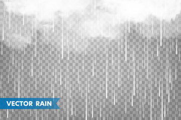 realistic rain with clouds on transparent background. rainfall, water drops effect. autumn wet rainy